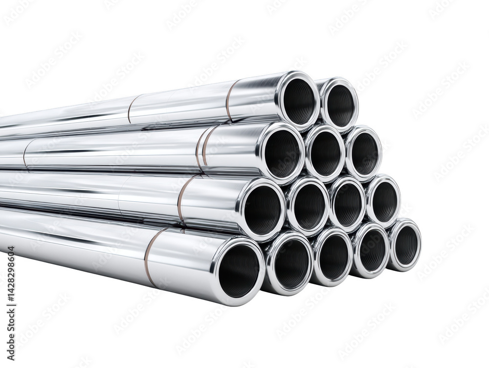 Fototapeta premium Shiny chrome metal pipes stacked industrial background 3d steel tubes on transparent background