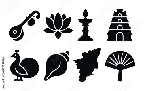 Indian culture silhouette icon set – solid style heritage, tradition, and symbols: veena, lotus, oil lamp, temple, peacock, conch, india map, hand fan.
