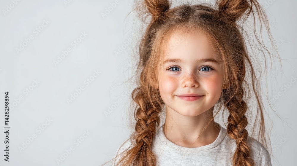 A happy freckled girl with two braids smiles brightly at the camera, embodying the joyfulness of childhood and perfectly showcasing the charm and beauty of youth in a simple portrait. A happy freckled girl with two braids smiles brightly at the camera, embodying the joyfulness of childhood and perfectly showcasing the charm and beauty of youth in a simple portrait.