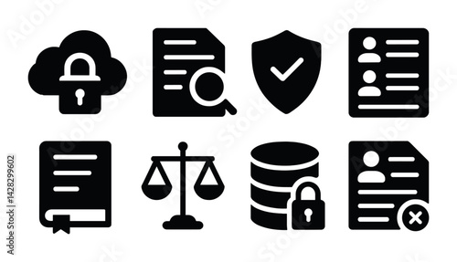 Data security solid icons set – filled style privacy, protection, and encryption symbols for secure systems: cloud lock, document search, shield, user list, book, balance scale, database lock, user