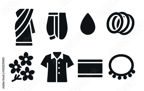 Traditional culture silhouette icon set – solid style heritage, rituals, and clothing symbols for cultural representation: saree, bangles, flowers, kurta, tilak, garland.