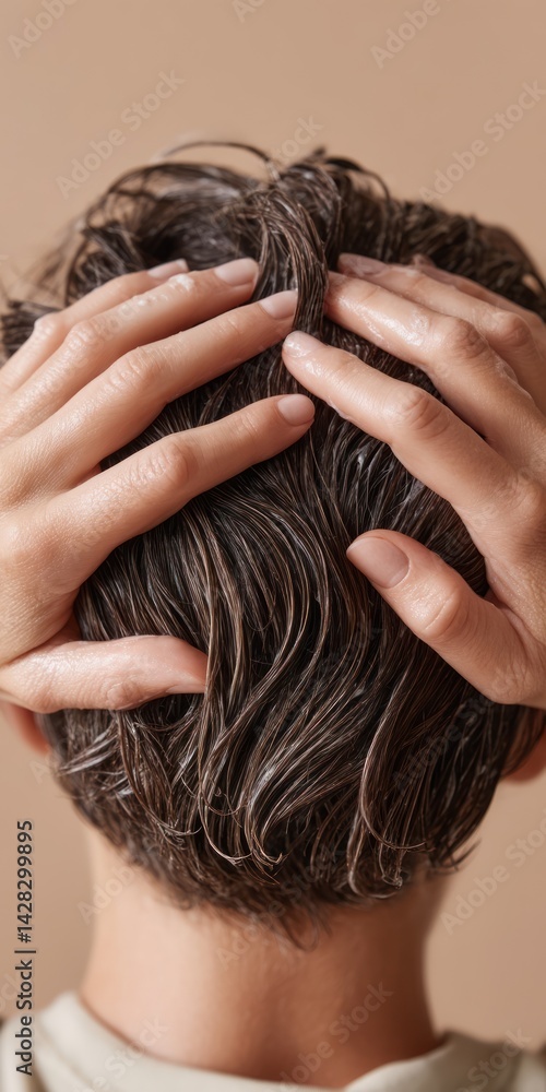 Fototapeta premium Hands gently massaging damp hair on the scalp.