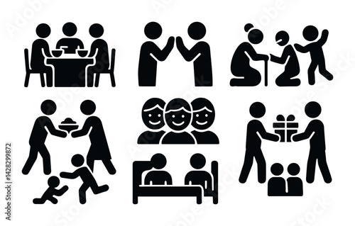 Community and family solid icon set – silhouette style social interaction, care, and togetherness symbols for connection: dining, high-five, helping, gathering, sharing, gifting