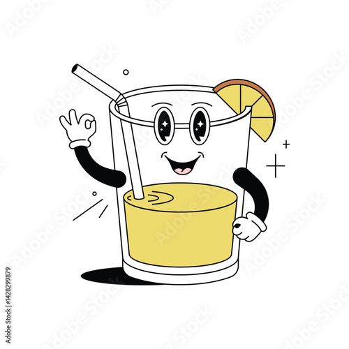 Cute and Smiley Character Cartoon Ice Lemon Tea Drink Mascot Walking Illustration