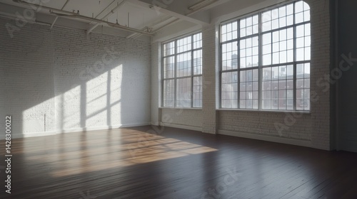 A spacious, well-lit room with large windows and wooden flooring, ideal for creative activities.