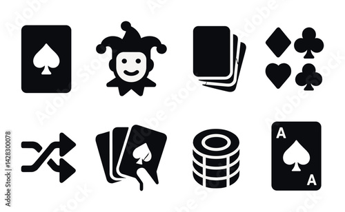 Card games silhouette icon set – solid style for casino and poker enthusiasts: playing cards, joker, card suits, shuffle, poker chips, blackjack, card deck