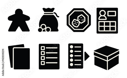 Board game solid icons set – filled style gaming, strategy, and leisure symbols for fun planning: meeple, bag of tokens, dice, player card, deck, rulebook, game box.