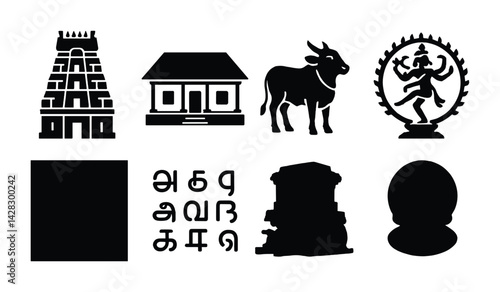 South indian temple silhouette icon set – solid style cultural heritage, traditional symbols, and historical representation: temple, house, cow, dancing figure, script, lingam