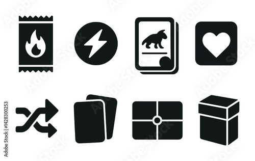 Card game solid icons set – silhouette style for board games, strategy, and collectible cards: booster pack, energy symbol, creature card, heart icon, shuffle, card stack, card box.
