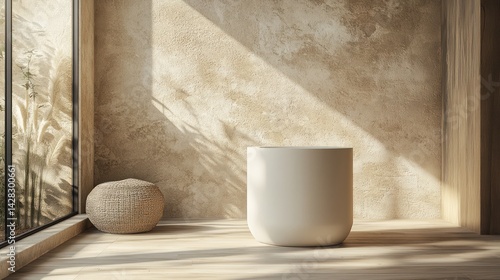 A minimalist interior with a white planter and natural light highlighting the space.