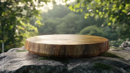 A wooden platform on a rock surrounded by lush greenery, ideal for presentations or displays.