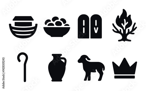 Biblical silhouette icon set – filled style christian, faith, and scripture symbols for religious design: ark, manna, commandments, burning bush, staff, vessel, lamb, crown.