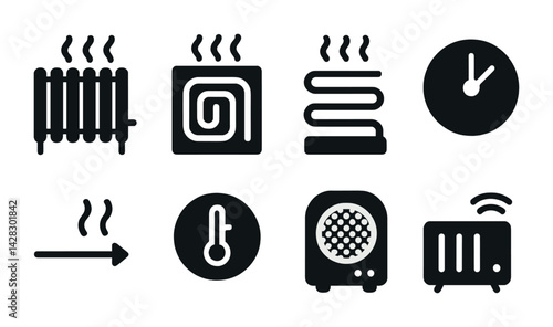 Home heating solid icons set – filled style climate control, thermostat, and radiator symbols for efficient energy use: radiator, underfloor heating, thermostat, wall heater, fan heater, air flow,