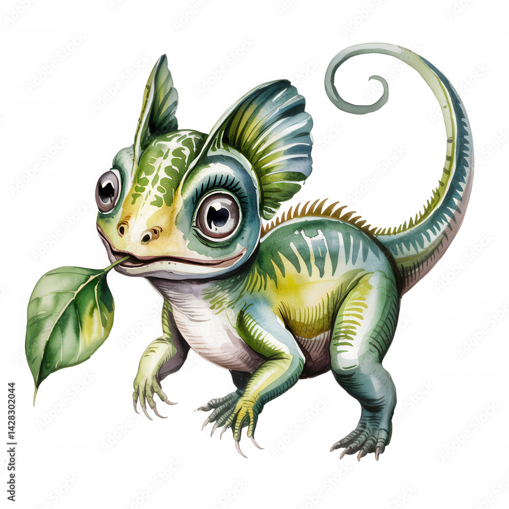 Obraz premium Colorful chameleon-like creature holding a leaf in its mouth captured in a whimsical forest setting during daytime