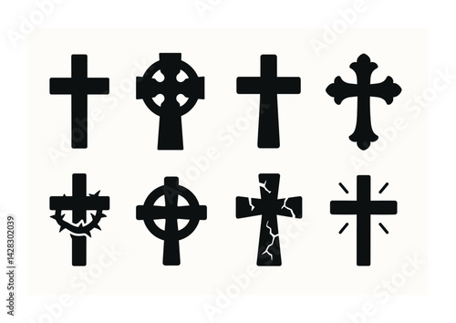 Christian cross silhouette icon set – filled style religious symbols for faith and spirituality: celtic cross, crucifix, inri, thorn crown, ornate cross, plain cross, broken cross, radiant cross.