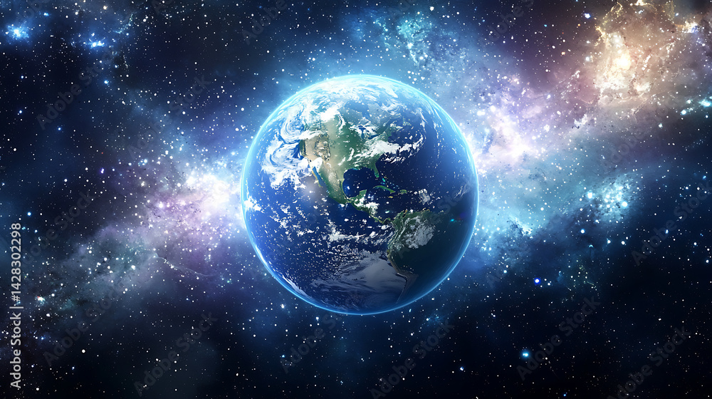 Obraz premium A blue and white planet in the middle of a starry sky