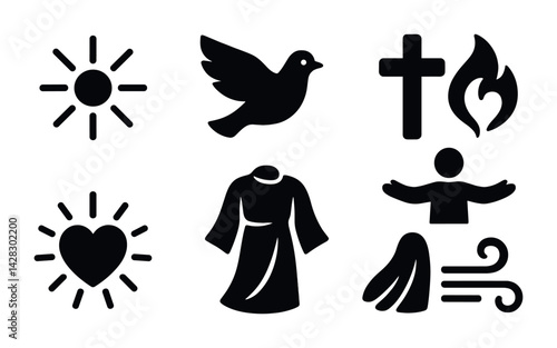Christian symbols solid icon set – filled style faith and spiritual symbols for religious design: cross, dove, flame, praying figure, robe, heart, sun, wind.