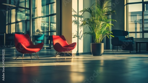 A modern indoor space featuring stylish chairs, a plant, and natural light streaming in.