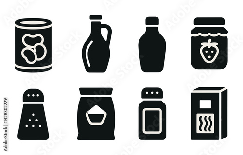 Kitchen essentials silhouette icon set – solid style food, cooking, and pantry symbols: canned food, oil bottle, sauce bottle, jam jar, salt shaker, sugar bag, spice jar, cereal box.
