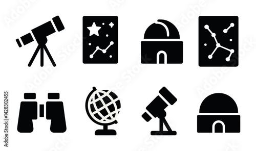 Astronomy and space solid icons set - filled style celestial exploration, stargazing, and cosmic adventure symbols: telescope, star map, observatory, constellation, binoculars, globe.