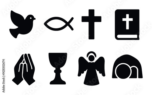 Christianity solid icons set – silhouette style faith symbols for church and worship: dove, fish, cross, bible, praying hands, chalice, angel, tomb.