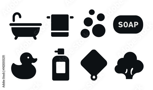 Bathroom essentials solid icons set – silhouette style bath, hygiene, and cleanliness symbols for bathroom design: bathtub, towel, soap, bubbles, duck, dispenser, sponge, plant.