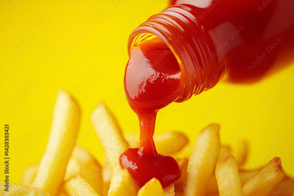 Red ketchup dripping on fried french fries close up detail against vibrant yellow background. Junk fast food concept. Commercial photography.