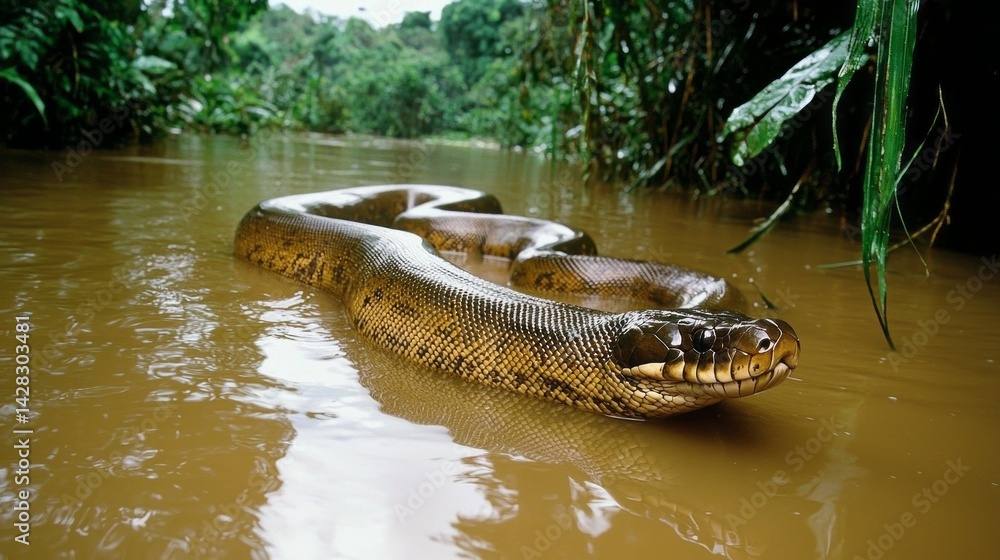 In a tranquil moment, a massive anaconda lies partially submerged in murky waters, blending seamlessly with the lush green surroundings of the jungle