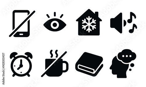 Silence and no disturbance solid icon set – filled style symbols for concentration and peace: do not disturb, eye, house, volume off, alarm clock, coffee, book, mind.
