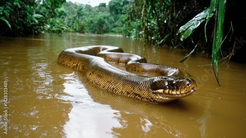 Obraz na płótnie In a tranquil moment, a massive anaconda lies partially submerged in murky waters, blending seamlessly with the lush green surroundings of the jungle w salonie