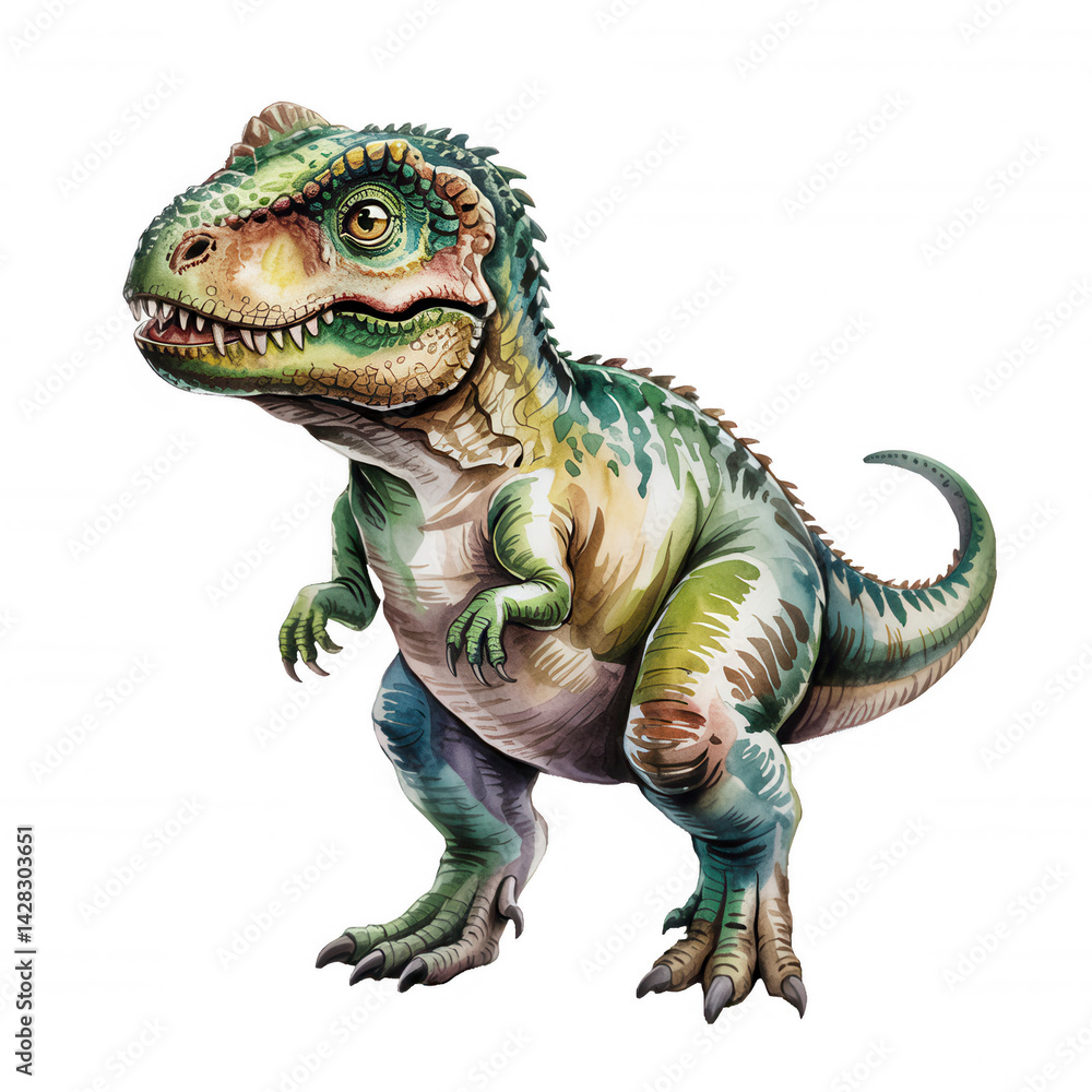 Obraz premium Colorful dinosaur illustration shows a playful creature resembling a T-rex in a vivid design for children’s educational purposes