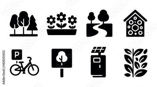 Urban gardening and green living solid icons set – filled style eco-friendly, sustainability, and landscaping symbols for environmental design: tree, flowers, park, garden, cycle path, solar panel,