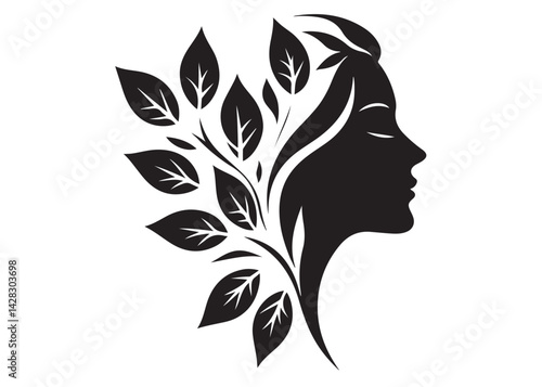 Beautiful women head and leaves logo design vector, beauty woman hair leaf logo, women beauty logo and vector silhouette, Black silhouette of a womans profile with leaves on white background.