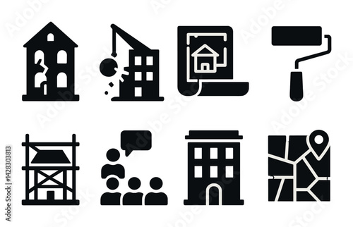 Construction and renovation solid icons set – silhouette style building, design, and repair symbols for project development: broken building, wrecking ball, blueprint, paint roller, scaffolding, team