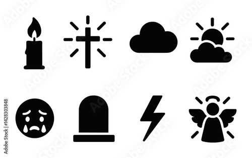 Memorial and remembrance solid icon set – filled style symbols for mourning, tribute, and memory: candle, cross, cloud, sun, crying face, gravestone, lightning bolt, angel.