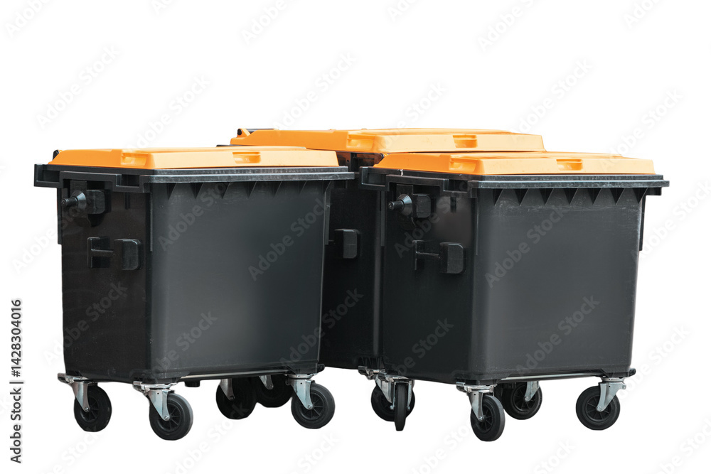 Three large plastic garbage containers isolated on white background, ready for waste collection