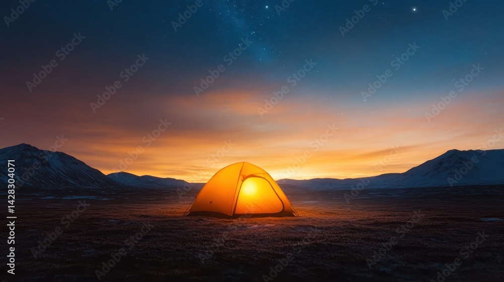 A cozy camping tent illuminated by a warm sunset glow, set against a beautiful scenic background, inviting feelings of adventure and peace during outdoor exploration. A cozy camping tent illuminated by a warm sunset glow, set against a beautiful scenic background, inviting feelings of adventure and peace during outdoor exploration.