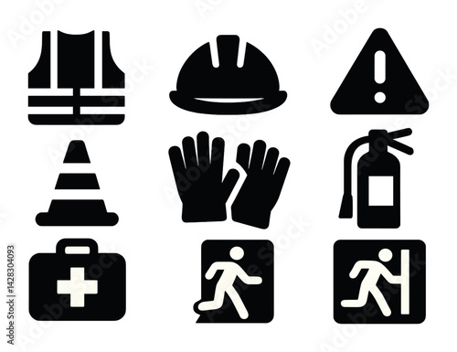 Workplace safety solid icons set – filled style hazard, protection, and emergency symbols for industrial safety: helmet, vest, gloves, fire extinguisher, exit sign, first aid, caution cone, warning