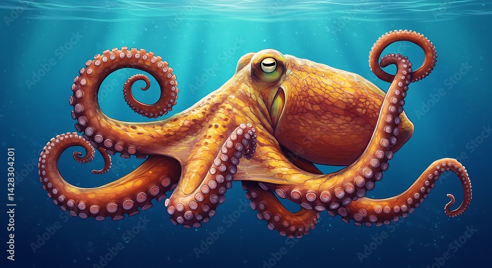 Obraz premium Realistic Octopus Swimming Gracefully Under Clear Blue Water with Sunlight Streaming Through