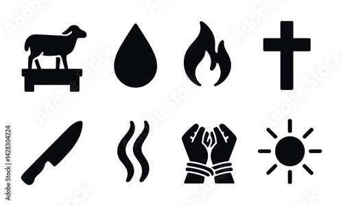 Religious symbols solid icons set - filled style worship and faith elements for spiritual themes: altar, water, fire, cross, knife, incense, prayer, sun.