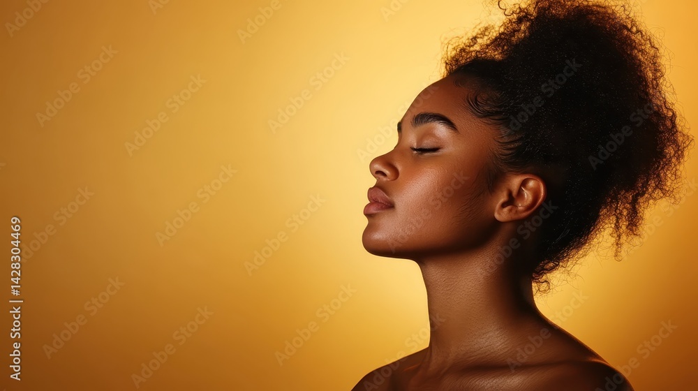 This captivating portrait highlights a serene woman with natural hair and a glowing expression against a warm golden backdrop, radiating beauty and self-confidence. This captivating portrait highlights a serene woman with natural hair and a glowing expression against a warm golden backdrop, radiating beauty and self-confidence.
