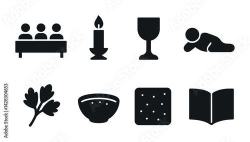 Religious ceremony solid icons set - flat style faith, worship, and sacred symbols for spiritual guidance: congregation, candle, chalice, worshipper, branch, bowl, bread, scripture.