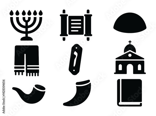 Jewish culture icon set – silhouette style religious, heritage, and tradition symbols: menorah, torah, kippah, tallit, mezuzah, shofar, synagogue, prayer book.