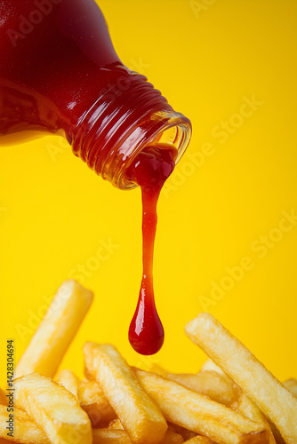 Red ketchup dripping on fried french fries close up detail against vibrant yellow background. Junk fast food concept. Commercial photography.
