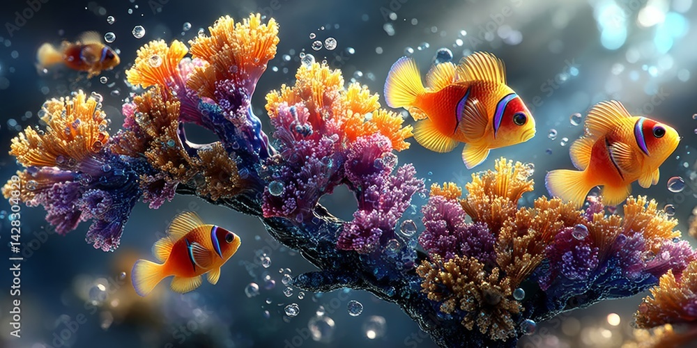 Obraz premium High-detail coral reef with vibrant sea creatures and soft ocean light
