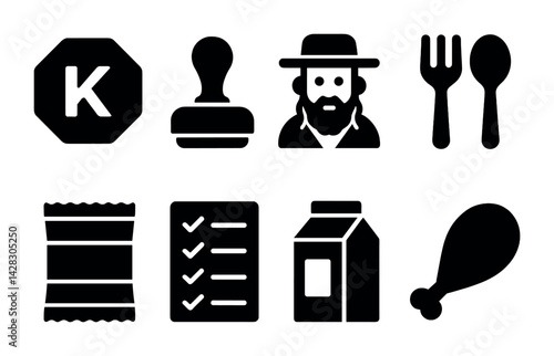 Kosher food icons set – solid style jewish dietary laws, certification, and cuisine symbols: kosher badge, certification stamp, rabbi, utensils, packaged food, checklist, kosher milk, kosher meat.