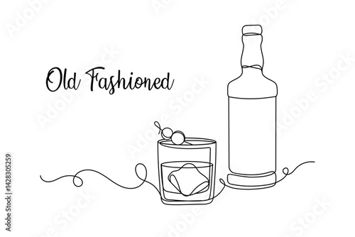 Old Fashioned with Whiskey Bottle. Continuous One Line Vector Illustration.