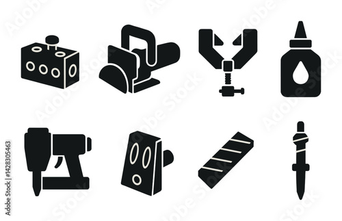 Carpentry and woodwork tools icon set – solid style construction, craftsmanship, and diy symbols for workshop essentials: saw, hammer, clamp, chisel, glue, drill, level, plane.