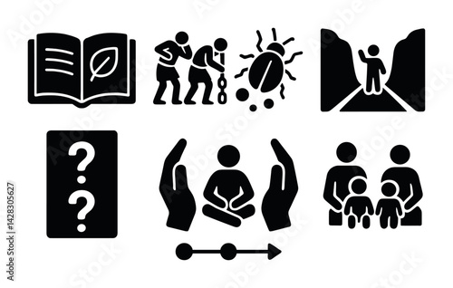 Social awareness solid icons set - silhouette style for community, education, and support: book, empathy, insect, mountain, questions, care, family