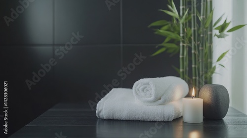 A serene spa setting with rolled towels, a candle, and bamboo for relaxation.